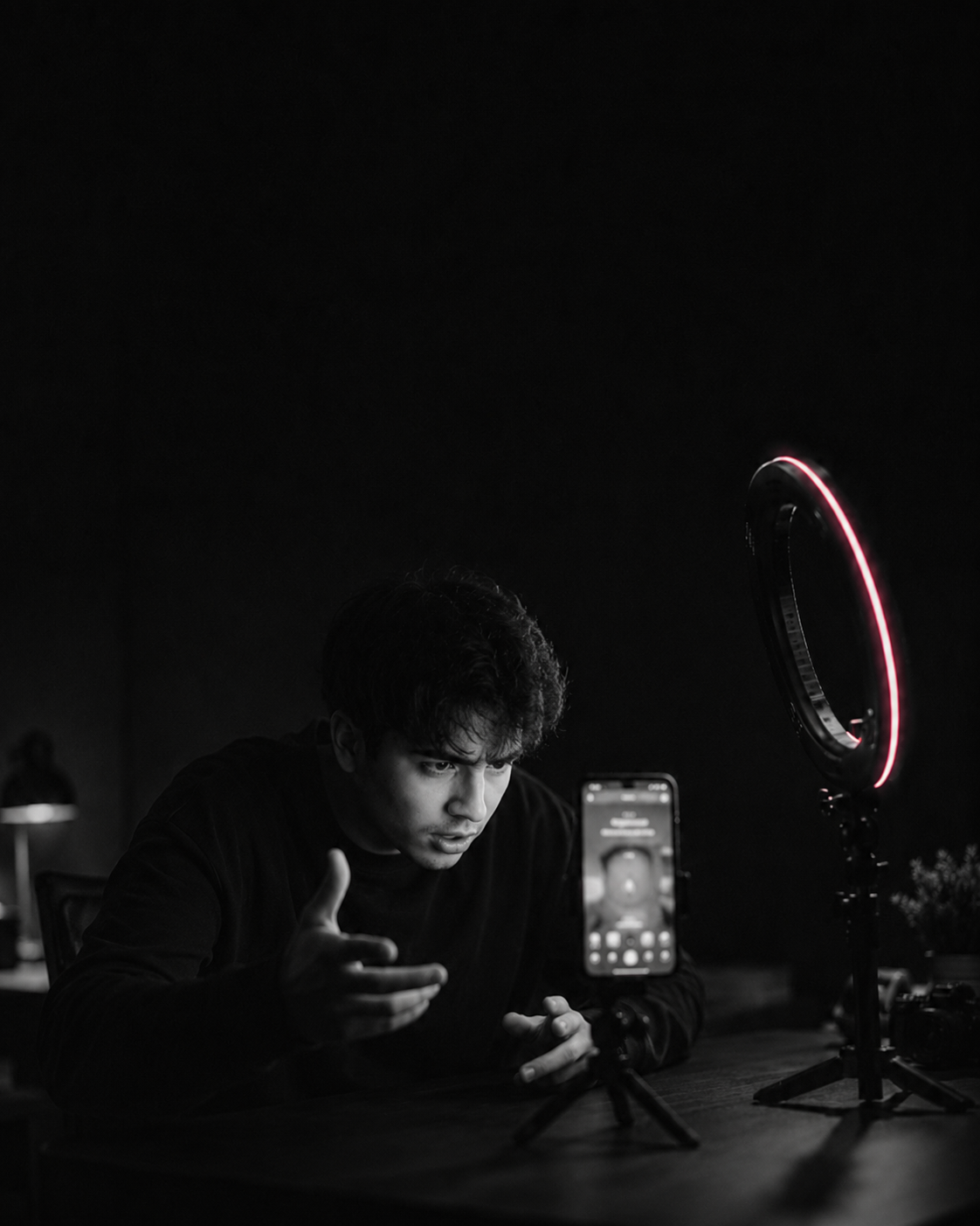 Antoni streaming with a ring light in a dark studio